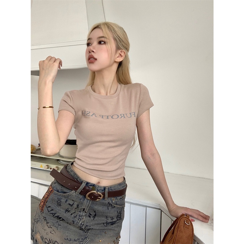 Red American retro lengan pendek T-shirt wanita musim panas hot girl letter printing design sense niche slim slim short top