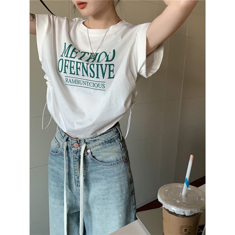 Red Cotton Combed Lengan Pendek American Short Top Hot Girl In Serut T-shirt Wanita Musim Panas Pinggang Tinggi Rasa Desain longgar Cetak