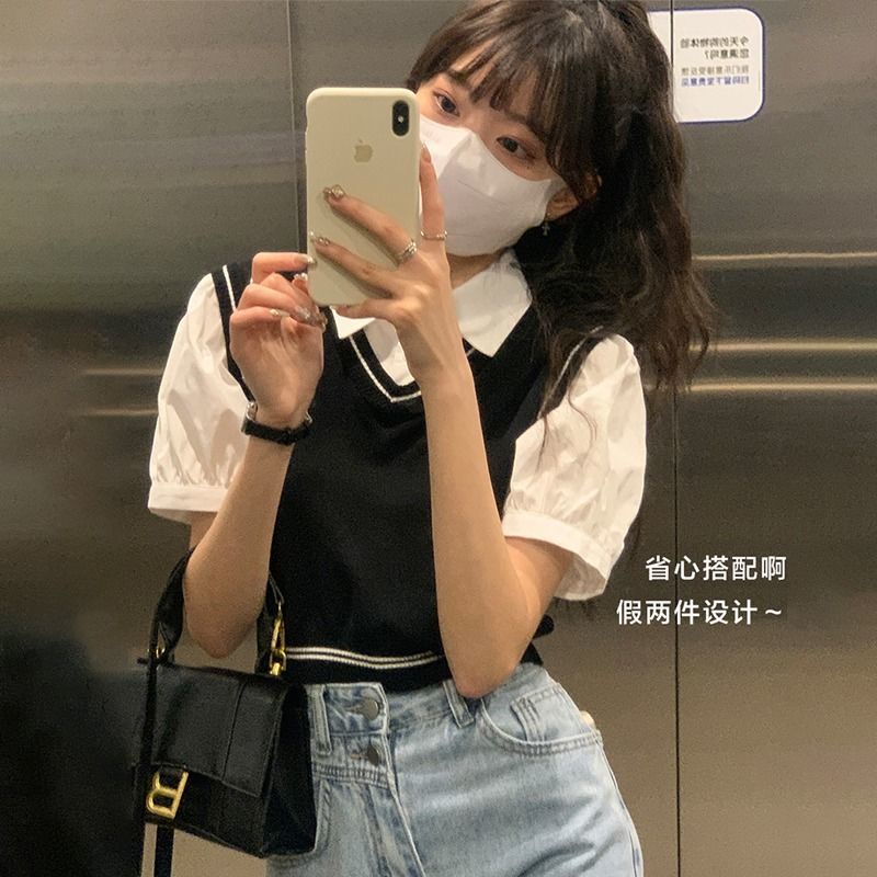 Red Penyambungan dua potong palsu 2023 musim semi dan musim panas baru Hong Kong rasa top pendek kemeja dua potong kerah polo palsu rajutan sweater untuk wanita