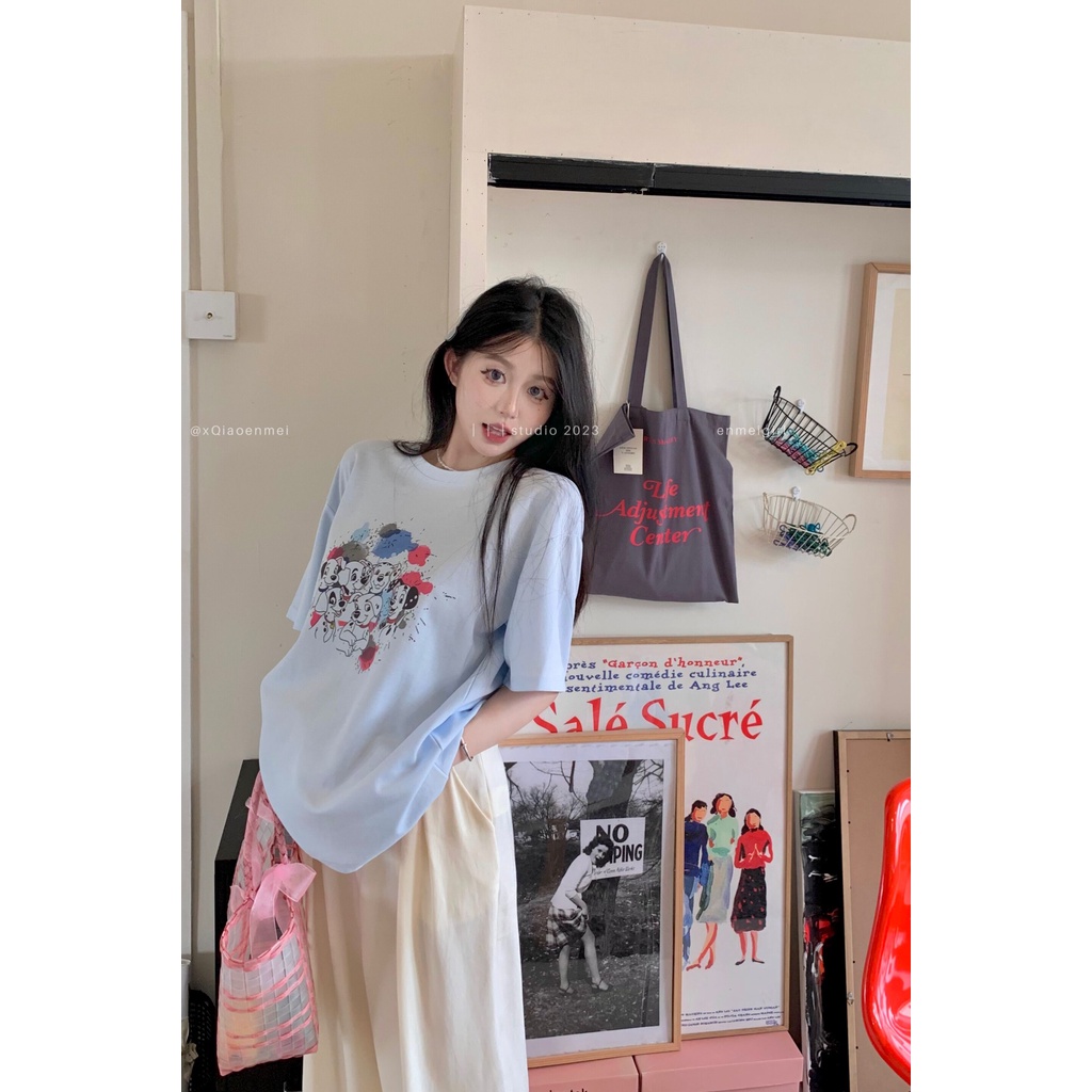 Red Hong Kong Rasa Biru Leher Bulat Lengan Pendek T-shirt Wanita Musim Panas Baru Niche Desain Rasa Printing Longgar Slimming All-Match Atasan