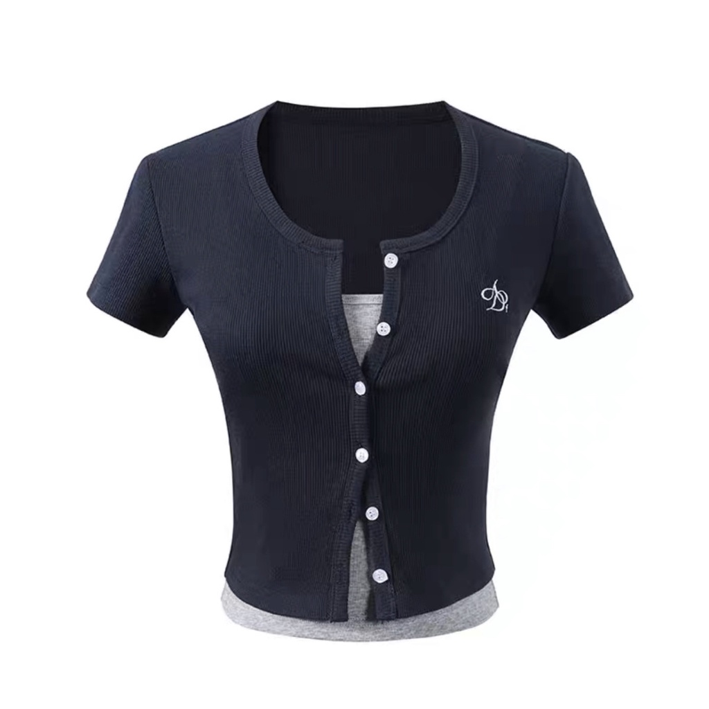 Red Sweet Hot Girl Two-Piece T-shirt Wanita [Cotton] Musim Panas Rasa Desain In Cardigan Lengan Pendek Pelangsing Unik Pendek Top