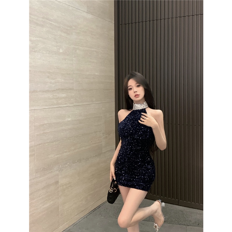 Red Payet hitam berkilau backless tanpa lengan gaun halter leher gaun wanita rok ulang tahun musim panas temperamen tas pinggul rok