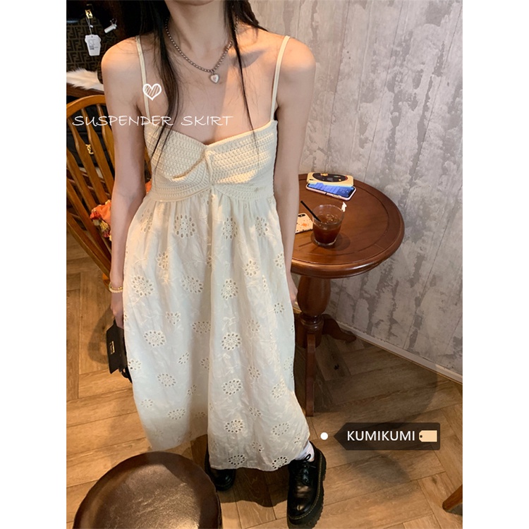 Red Desain rok industri berat berongga rasa suspender gaun musim panas wanita Perancis gaya liburan rok a-line tube top dress