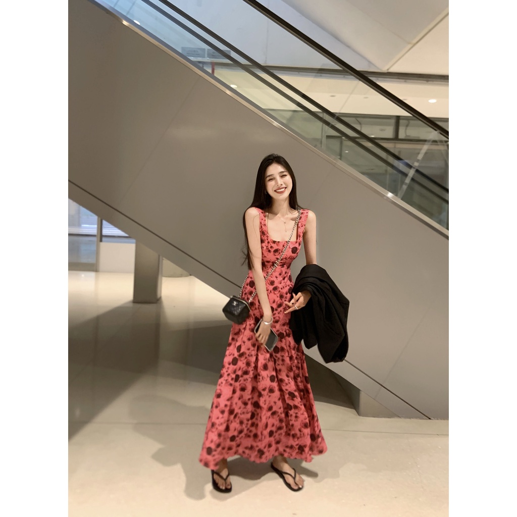 Red Hong Kong style Korean style floral square collar backless dress women s summer new slim fit niche high waist thin long skirt tide