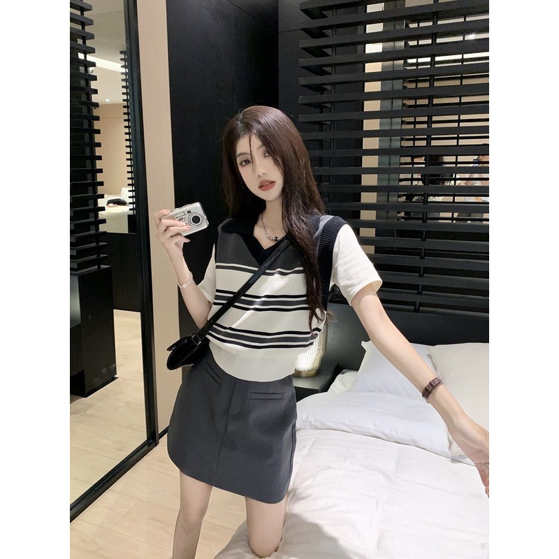 Red Fashion wanita musim panas baru pelangsing palsu dua potong kerah polo sweater top setengah panjang rok pendek set dua potong