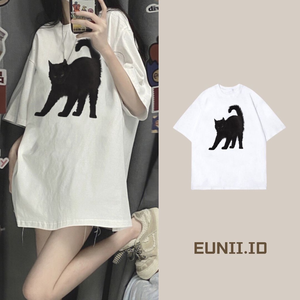 EUNII T-shirt Lengan Pendek Cartoon Black Cat Korean Style/Kaos Atasan Wanita/Baju Kaus Oversize Wanita/Kaos Wanita