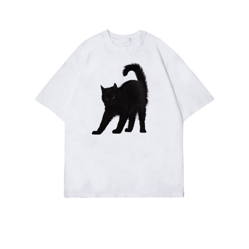 EUNII T-shirt Lengan Pendek Cartoon Black Cat Korean Style/Kaos Atasan Wanita/Baju Kaus Oversize Wanita/Kaos Wanita