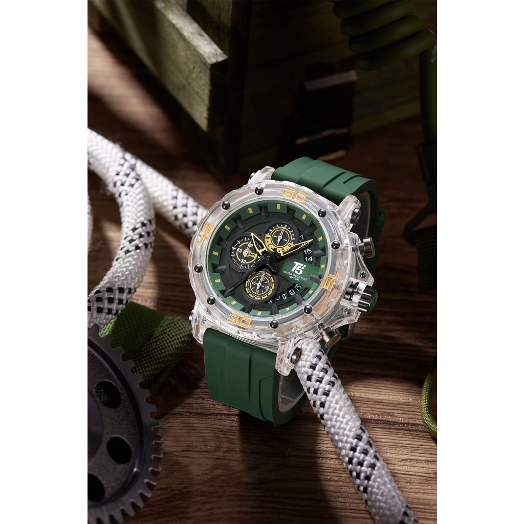 Jam Tangan Pria T5 H4004G Chronograph dan Tanggal Aktif Strap Kulit Original Waterproof