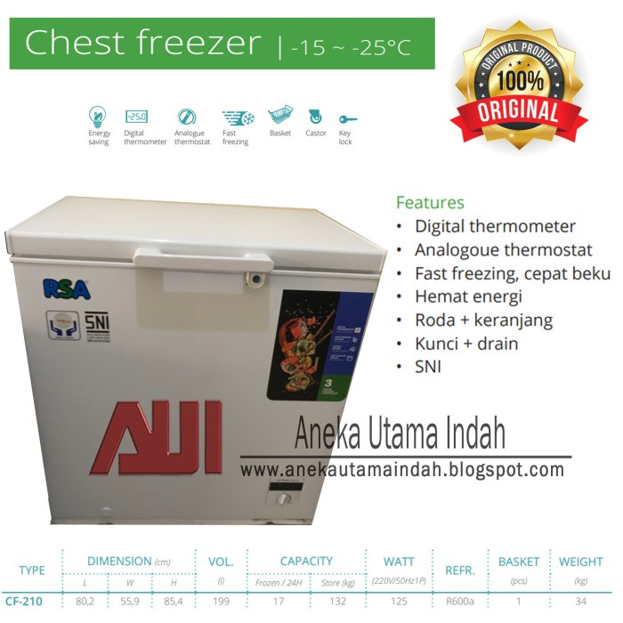Best Seller Rsa Cf-220 Chest Freezer 220 Liter - Putih (Khusus Jabodetabek)