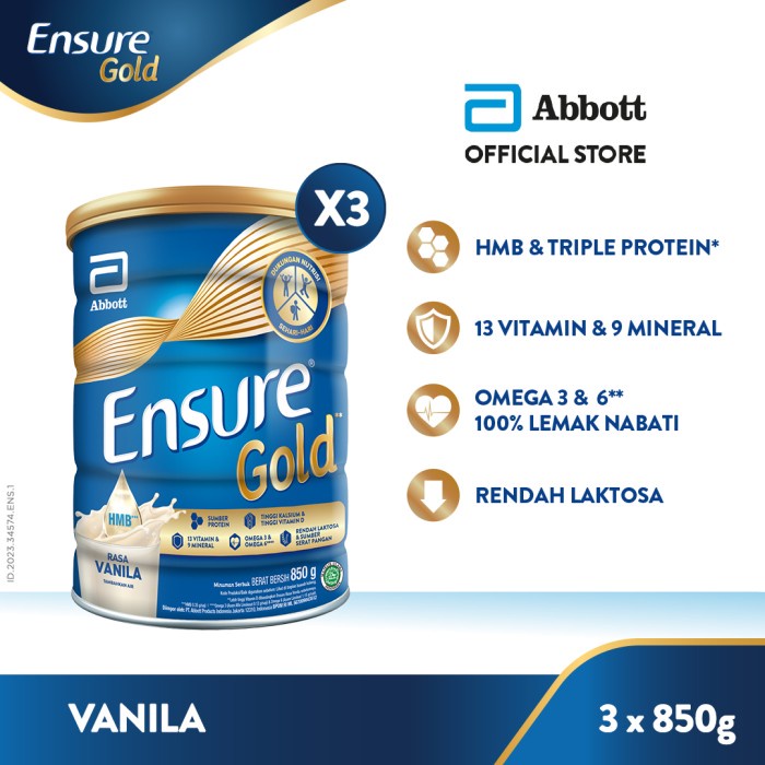 

Ensure Gold HMB Vanila 850g x 3 - Susu Nutrisi Dewasa Rendah Laktosa