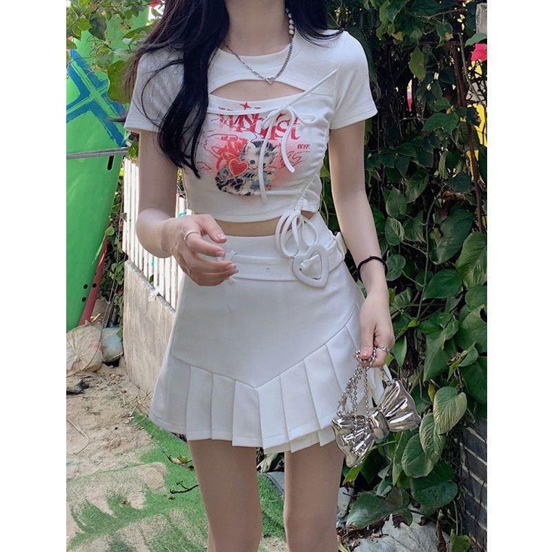 Red Gambar Solusi WAHJUIS Meow Meow Gas Desain Lengan Pendek T-shirt Wanita Musim Panas Serut Berongga Pendek Pusar Atas