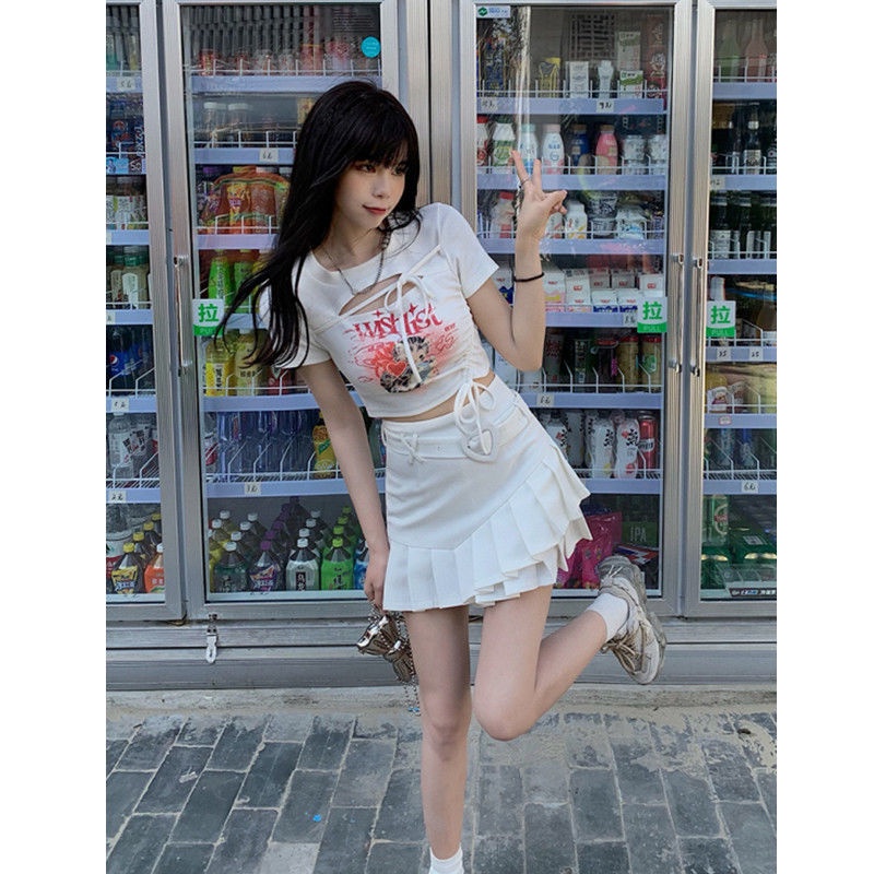 Red Gambar Solusi WAHJUIS Meow Meow Gas Desain Lengan Pendek T-shirt Wanita Musim Panas Serut Berongga Pendek Pusar Atas