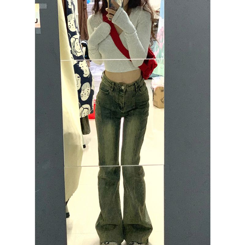 Red Spice girl V-neck lengan panjang T-shirt wanita musim gugur baru pelangsing dan tipis desain kemeja bottoming rasa ceruk bordir pendek top