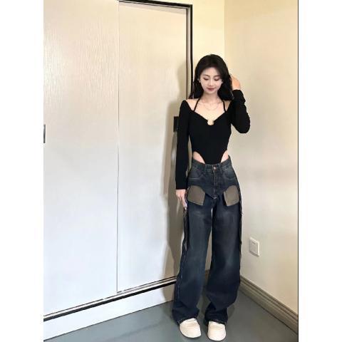 Red Keinginan murni hot girl style U-shape strap black slim body jumpsuit 2023 gaya musim semi dan musim gugur Atasan desain gaya Hong Kong