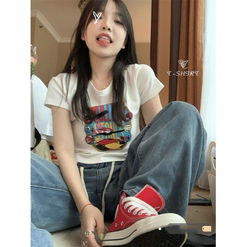 Red Manis dan pedas putih dicetak bahu depan T-shirt wanita musim panas versi Korea baru retro slim fit dan tipis pendek lengan pendek pasang atas