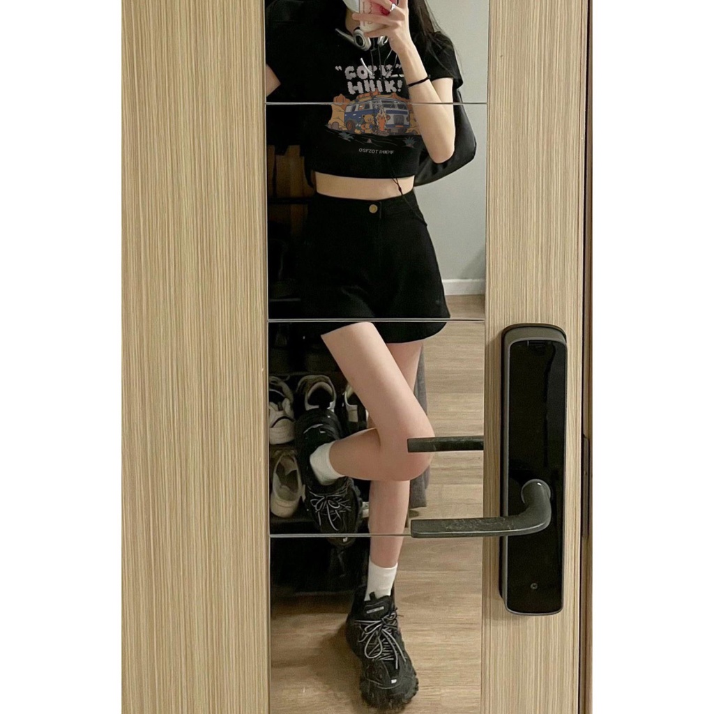 Red American retro gadis hot bahu depan hitam lengan pendek t-shirt wanita musim panas rasa desain niche tinggi pinggang pendek crop top