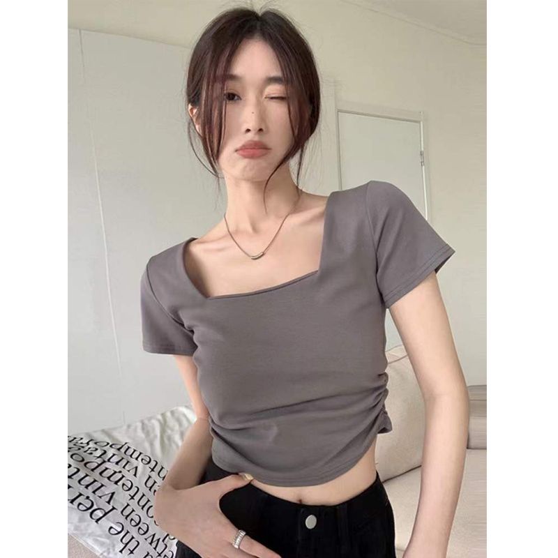Red Bahu depan lengan pendek T-shirt wanita rasa desain ceruk musim panas hot gadis chic chic hitam slim square kerah atasan pendek