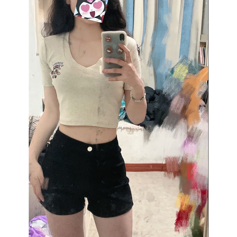 Red Pure Desire Style V-neck Bahu Depan T-shirt Wanita Musim Panas Baru Pinggang Ramping Pelangsing Lengan Pendek In Pendek Manis gadis Panas Atasan