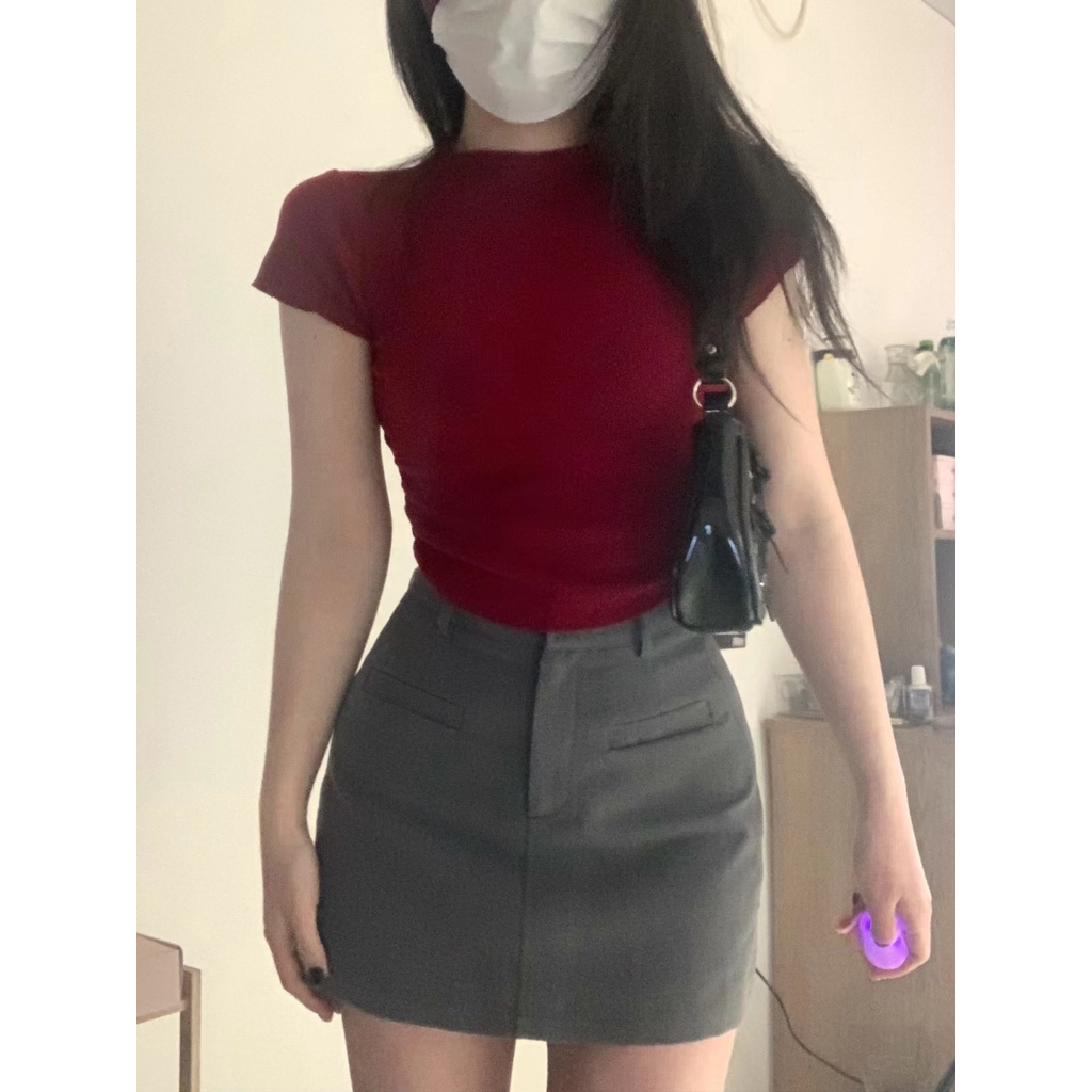 Red Gaya hasrat murni gadis panas setengah kerah tinggi bahu depan lengan pendek t-shirt wanita musim panas pinggang tinggi budidaya diri merah bottoming kemeja atasan pendek
