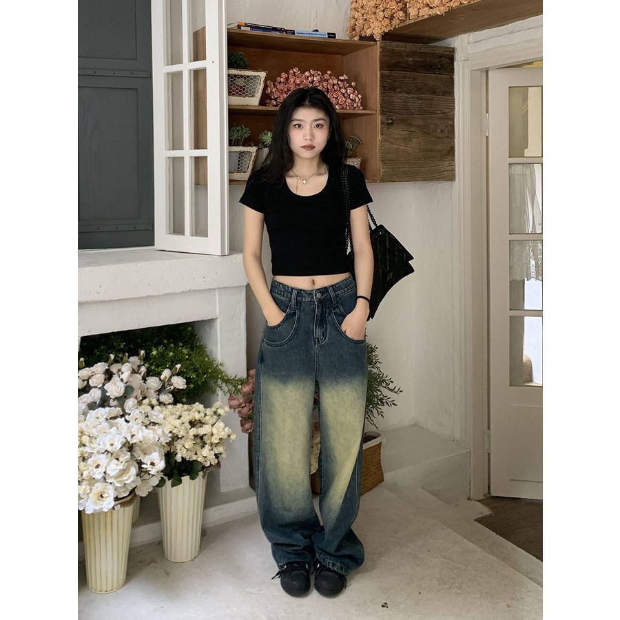 Red Depan bahu pendek lengan pendek U-leher T-shirt wanita musim panas baru slim fit dan tipis gaya asing hot girl terkena pusar tinggi pinggang atas