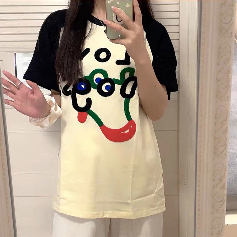 Red [100% katun] ins net merah musim panas handuk anak anjing baru bordir splicing longgar leher bulat lengan pendek t-shirt fashion wanita