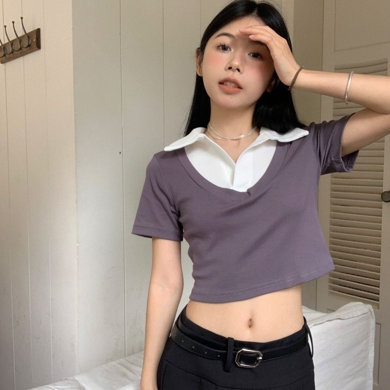 Red Palsu dua potong warna kontras bahu depan polo shirt versi Korea dari katun murni lengan pendek t-shirt wanita musim panas hot girl slim pendek top pasang