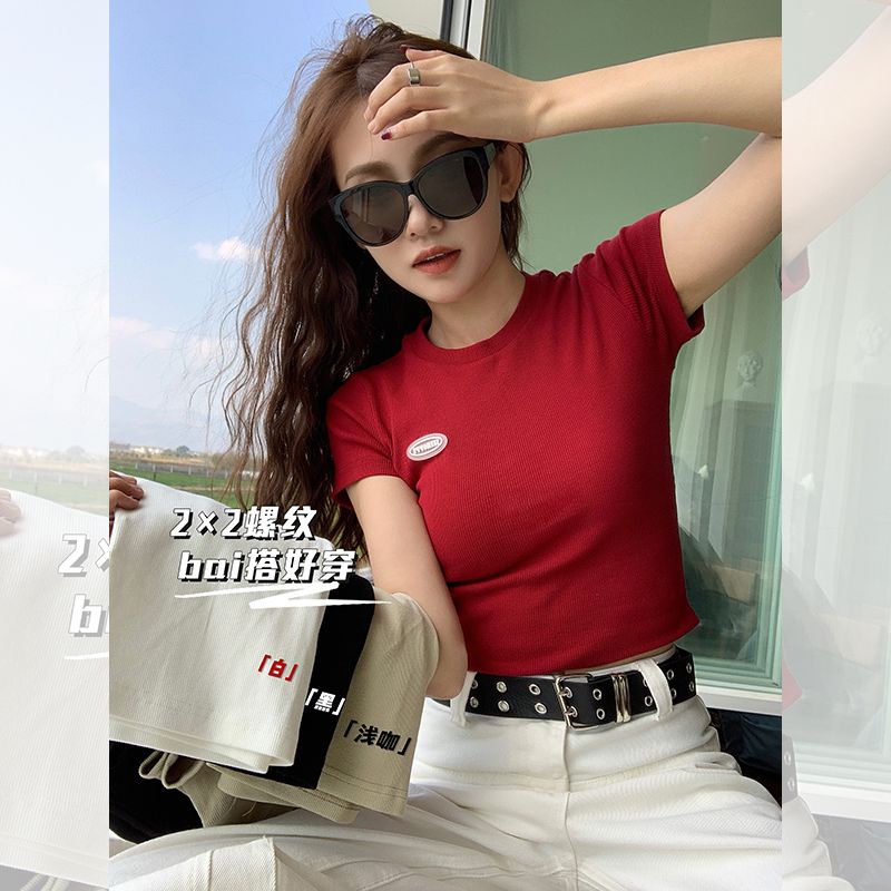 Red Retro Merah Bahu T-shirt Wanita Lengan Pendek Musim Panas Baru Slim Fit Katun Tipis T-shirt Hot Girl Pendek Ketat top