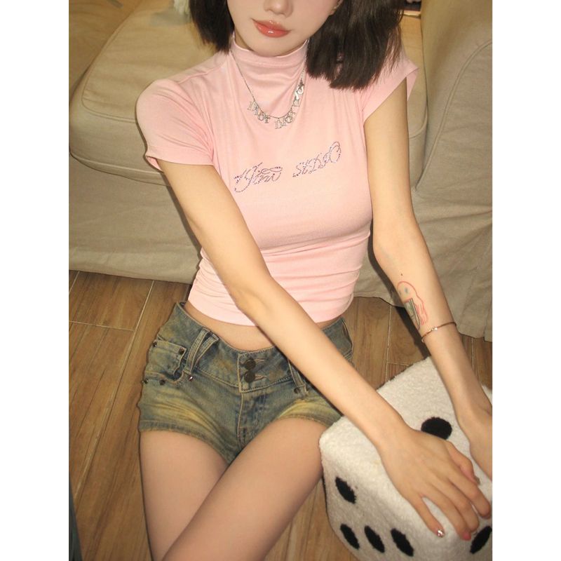 Red Rasa desain ceruk berlian panas setengah tinggi kerah lengan pendek wanita musim panas baru ramping pinggang t-shirt manis hot gadis pendek top