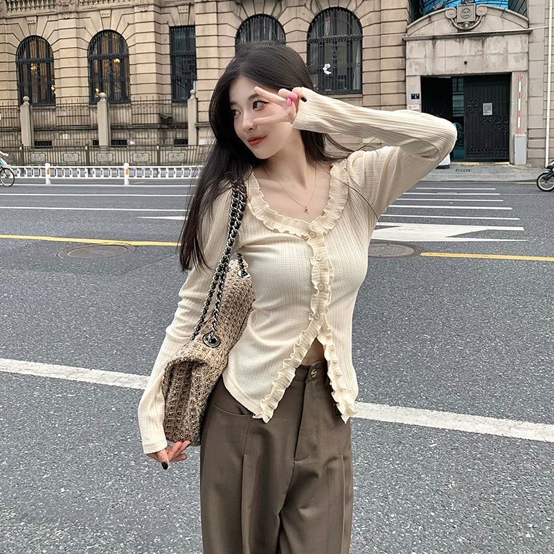 Red Gaya Korea chic keinginan murni temperamen manis dan pedas daun teratai atasan ramping renda terlihat tipis dan gaya asing all-match lengan panjang T-shirt wanita musim gugur