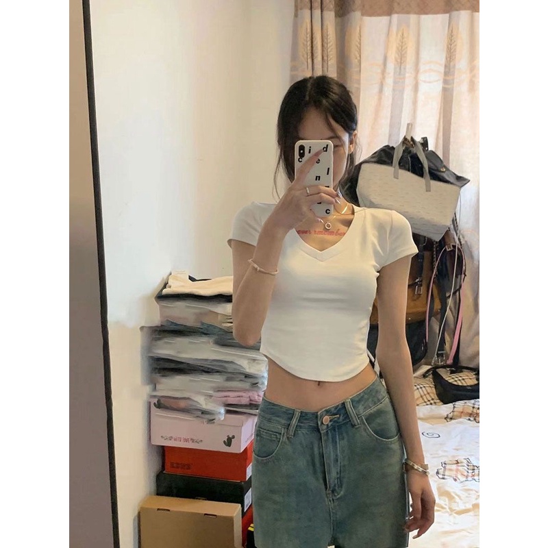 Red Kapas Murni V-Leher Bahu Depan Lengan Pendek T-shirt Wanita Musim Panas Putih Bagian Dalam Membangun Pelangsing Bagian Pendek Gadis Seksi Hem Melengkung top