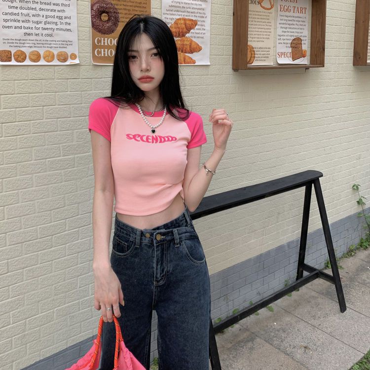 Red Musim panas gadis hot pendek lengan pendek T-shirt wanita huruf bordir raglan bahu warna yang cocok slim fit pinggang tinggi crop top