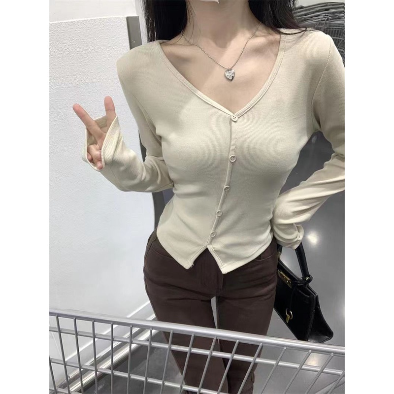 Red Manis dan tidak beraturan V-neck lengan panjang inst-kemeja wanita musim gugur temperamen baru budidaya diri dan hot girl pendek atasan wanita fashion