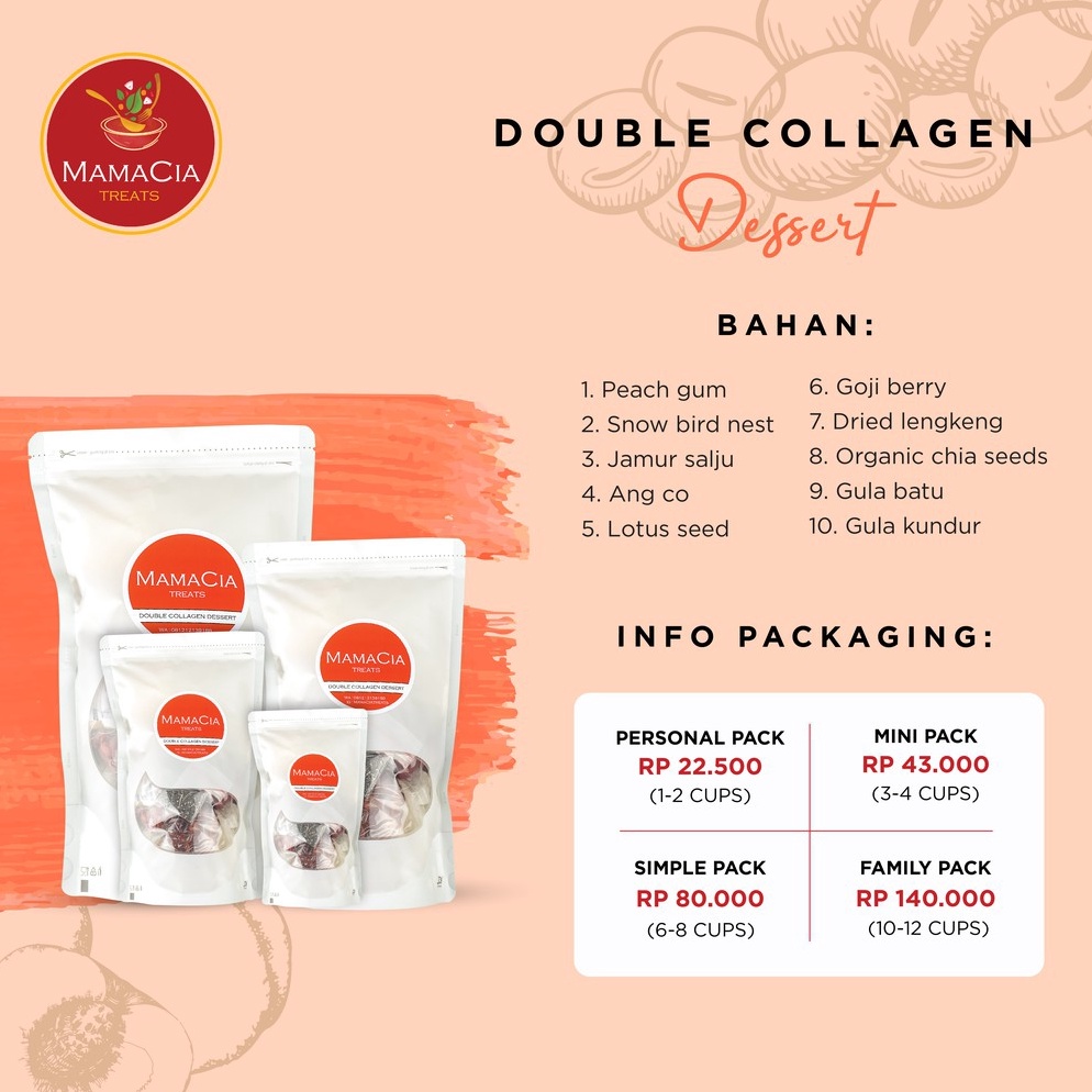 

Best Seller.. Mamacia Treats Paket Double Collagen Dessert (Peach Gum + Snow Bird Nest) Personal Pack DFT