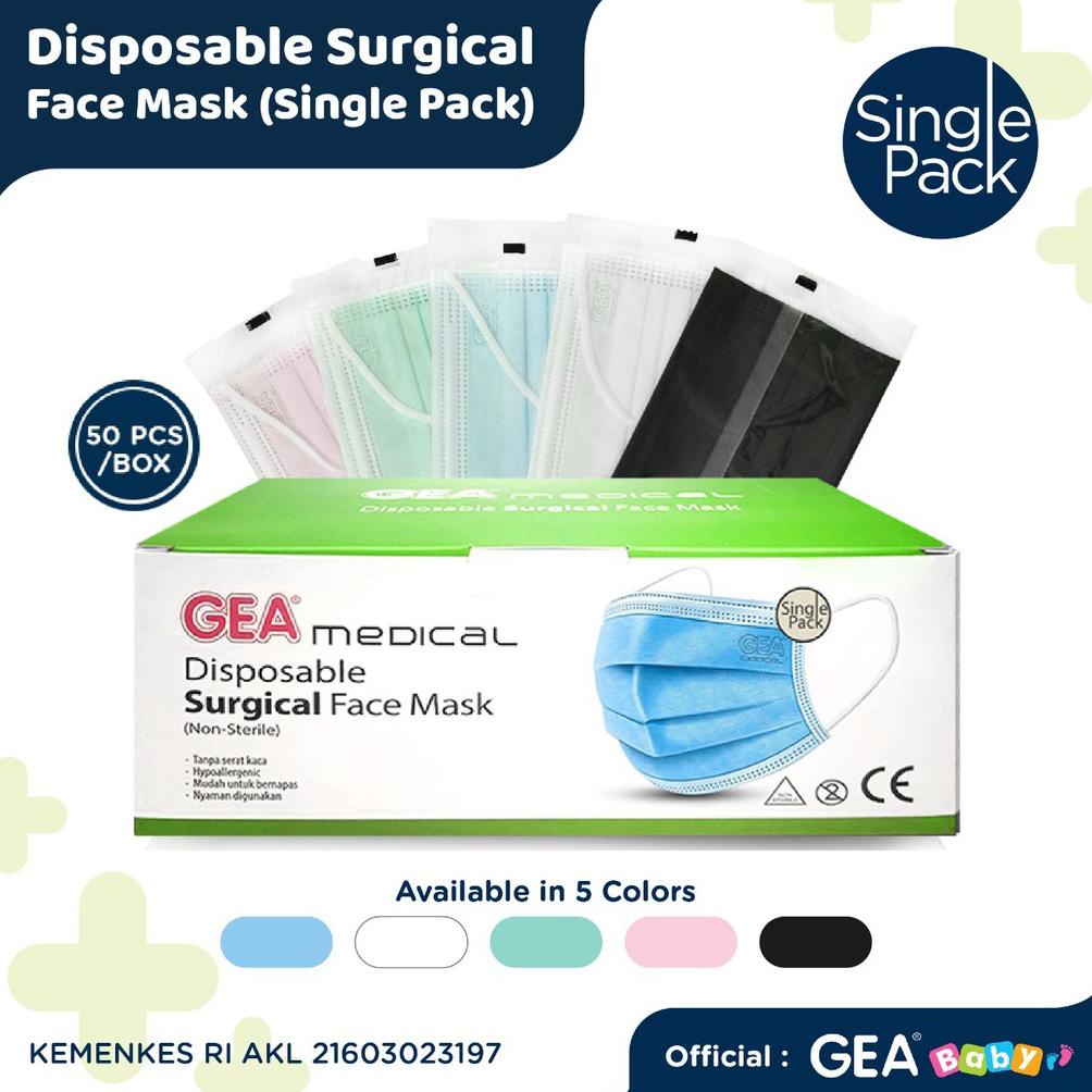 New Masker Gea Medical Surgical Face Mask 3Ply Ear Loop Isi 50Pcs