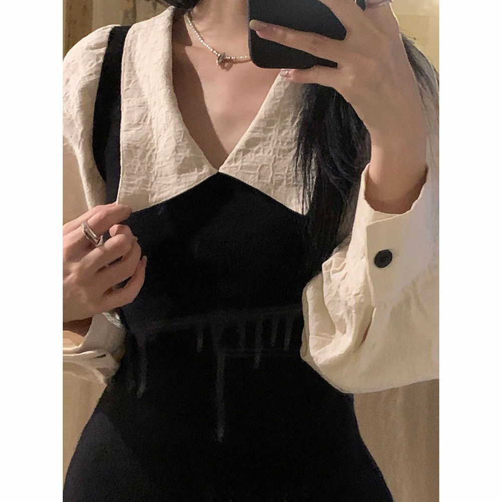 Red Awal musim gugur Gaya Korea keinginan murni kuliah angin kerah gaun pria kecil temperamen pinggang tinggi baru ramping tas pinggul rok wanita