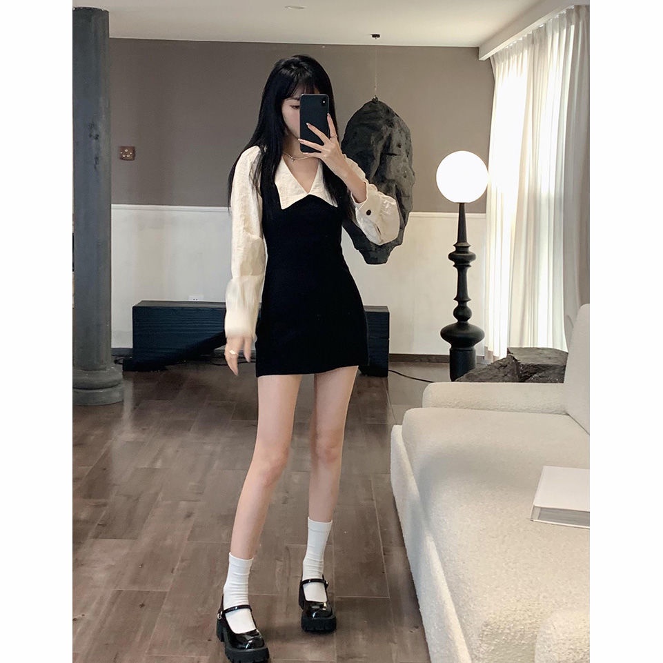 Red Awal musim gugur Gaya Korea keinginan murni kuliah angin kerah gaun pria kecil temperamen pinggang tinggi baru ramping tas pinggul rok wanita