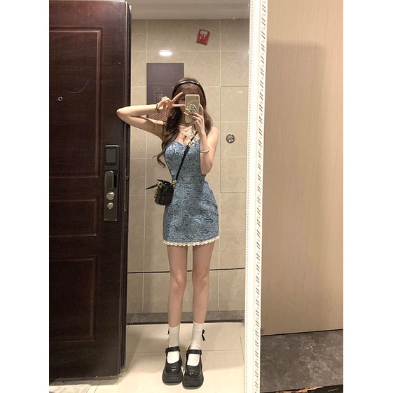 Red Rose tannin strappy halter neck denim rok retro strapless hot girl temperamen tanpa lengan pinggang slimming short dress