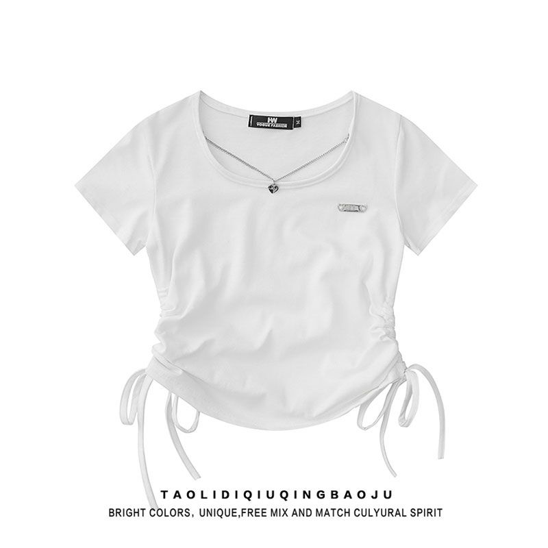 Red Katun Putih Murni Keinginan Tali Serut Lengan Pendek T-shirt Wanita Slim Gadis Panas All-Match Depan Bahu Pendek atasan Musim Panas Slim