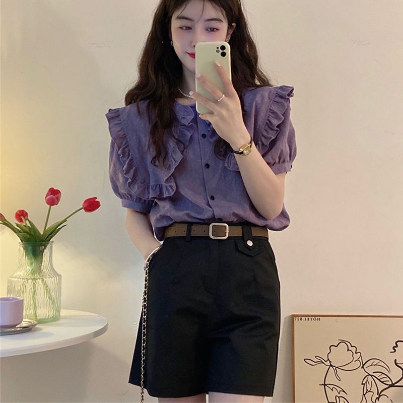 Red [Beri sabuk] Setelan musim panas wanita versi Korea kemeja kerah boneka longgar kasual celana pendek overall lebar kaki set dua potong