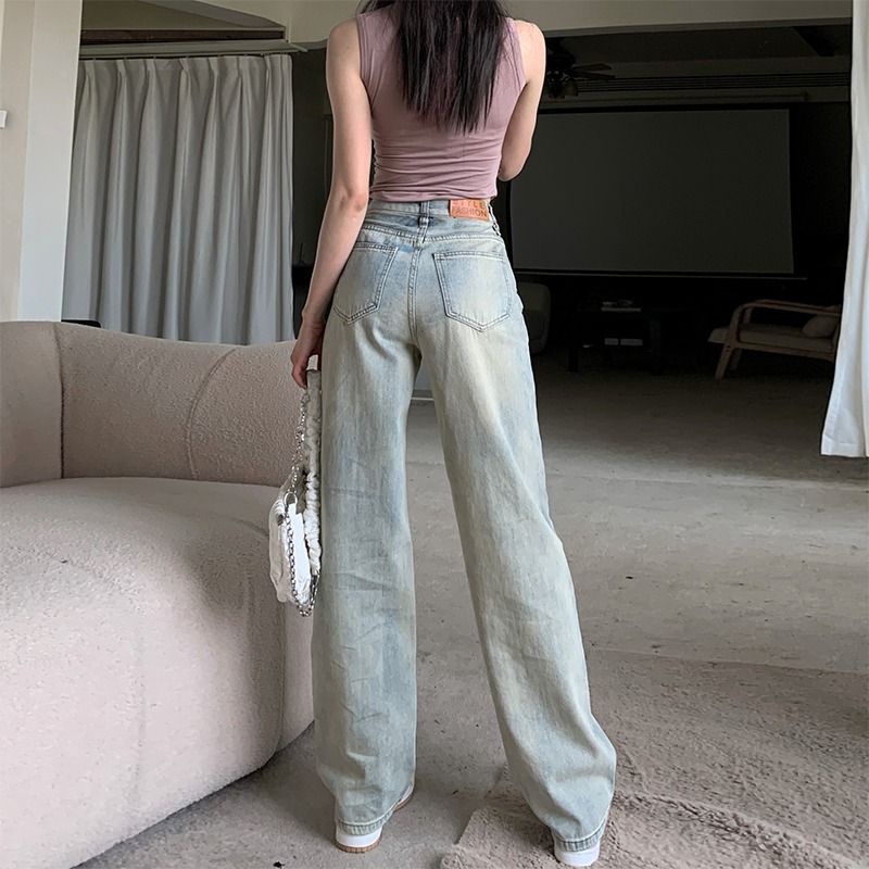 Red American retro high street lumpur kuning versi sempit celana jeans lebar kaki wanita tabung lurus longgar pinggang tinggi celana pelangsing lantai mengepel