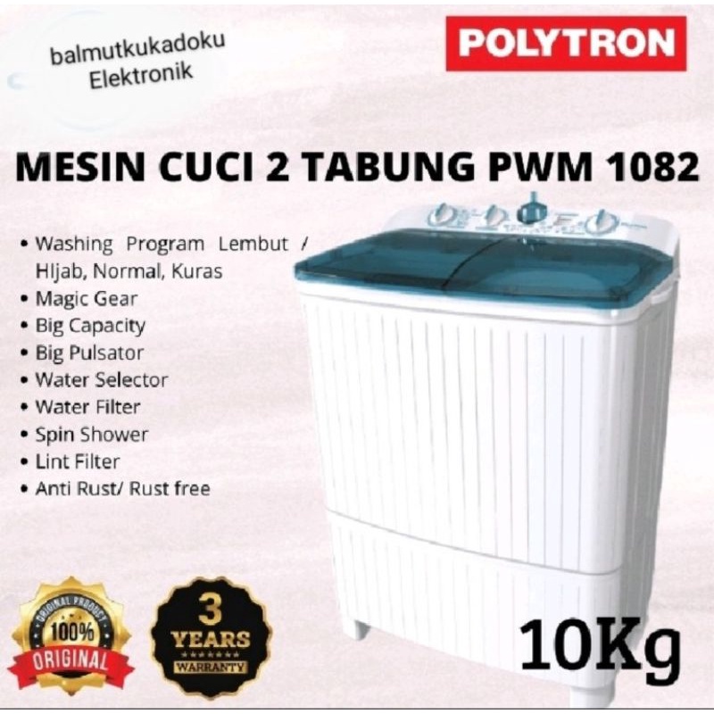 MESIN CUCI 2 TABUNG POLYTRON PWM 1082/PWM1082 10 KG