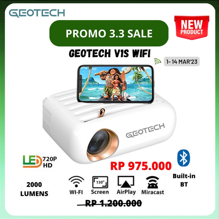 Terlaris Mini Proyektor Geotech V1S Projector Mini Led With Bluetooth 2000Lumen