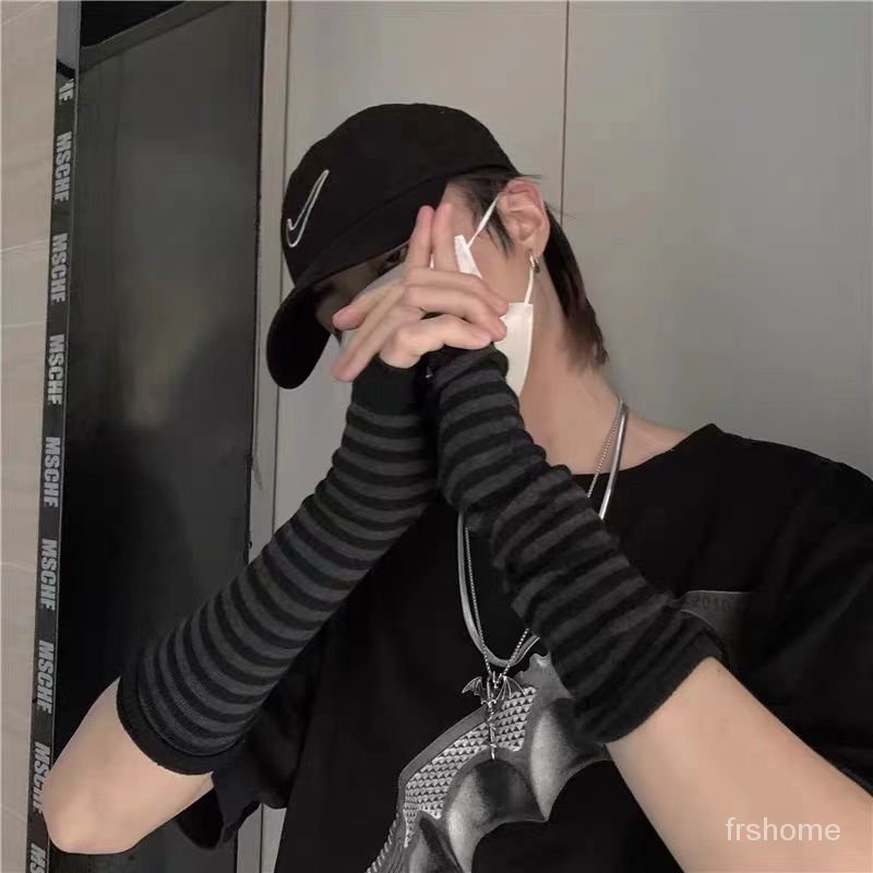 Sarung tangan setengah jari bergaris Jepang / lengan pelindung matahari siswa / lengan tangan untuk