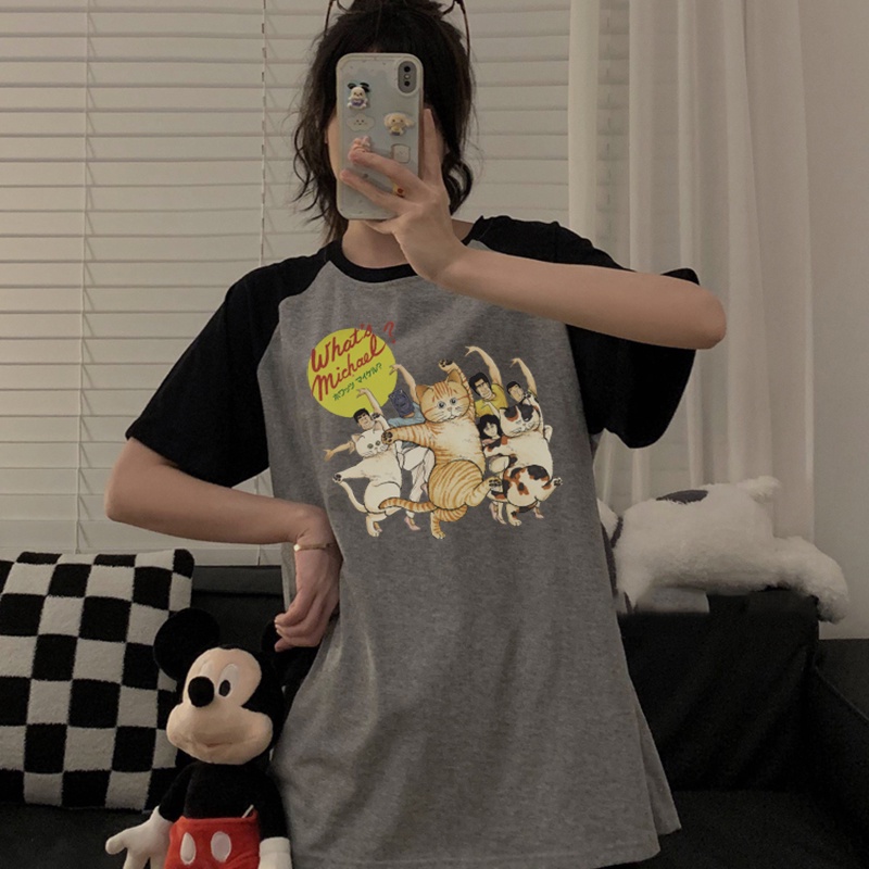 Print T-shirt Kaos Lengan Pendek Cartoon Funny Cat Printing Oversize Atasan Wanita Korean Style