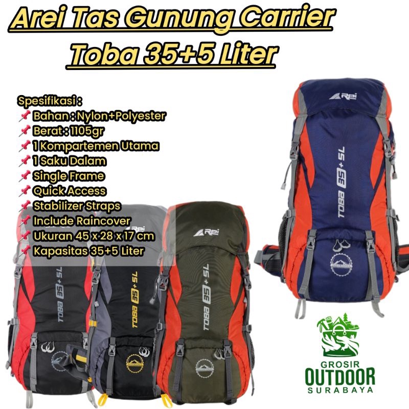 Tas gunung atau Carrier AREI TOBA 35L + 5L include Raincover / Tas Wanita / Tas Pria / Tas Rei Pungg