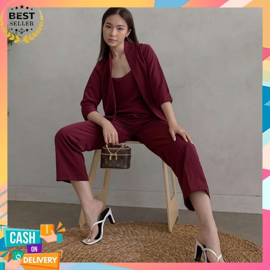 One Set Blazer Wanita Kerja  Korean Style Jumbo Kemeja Cewe Bahan Adem Outer Kondangan Untuk Ootd St