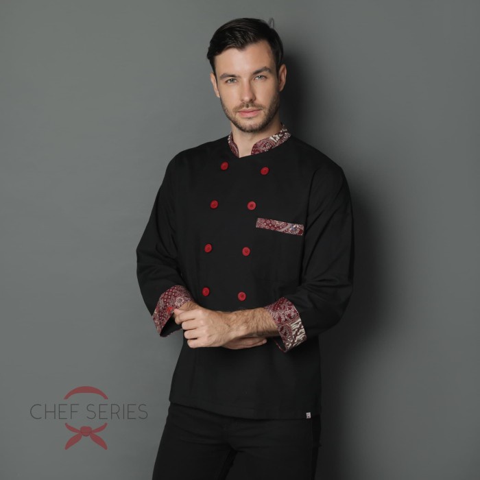 Best Seller Chef Series Emerald Batik Tangan Panjang Baju Koki - Hitam Merah