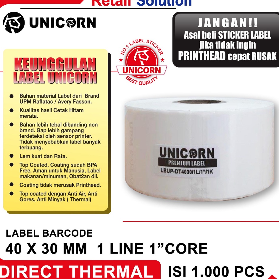 

【MEGA SALE】 Unicorn Stiker Label Barcode Thermal 40x30 mm / 40 x 30 mm / 40x30mm / 4x3CM