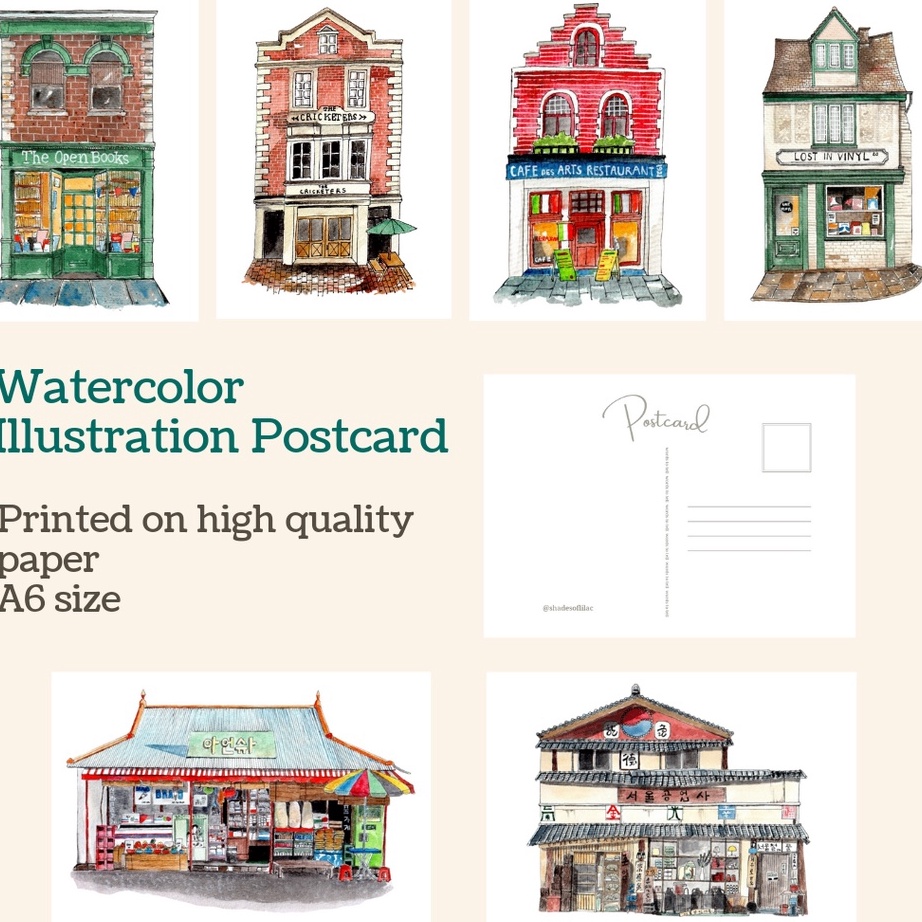 

[KODE PRODUK YKGDB5770] SHADESOFLILAC Building Illustration Postcard / Kartu Pos Bangunan