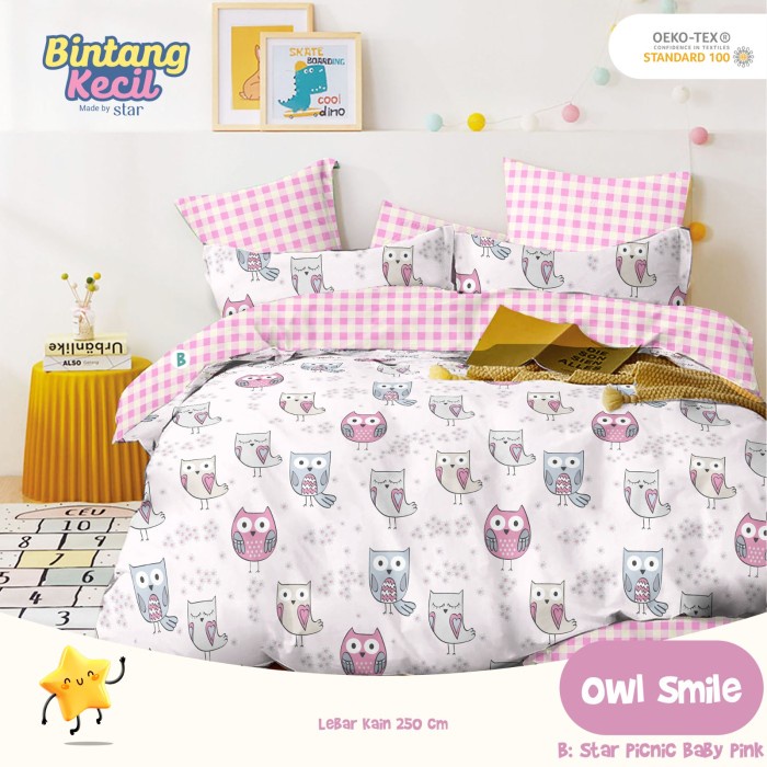 PROMO SEPREI SET BEDCOVER ANTI GESER MOTIF OWL SMILE 120X200-200X200 TERLARIS